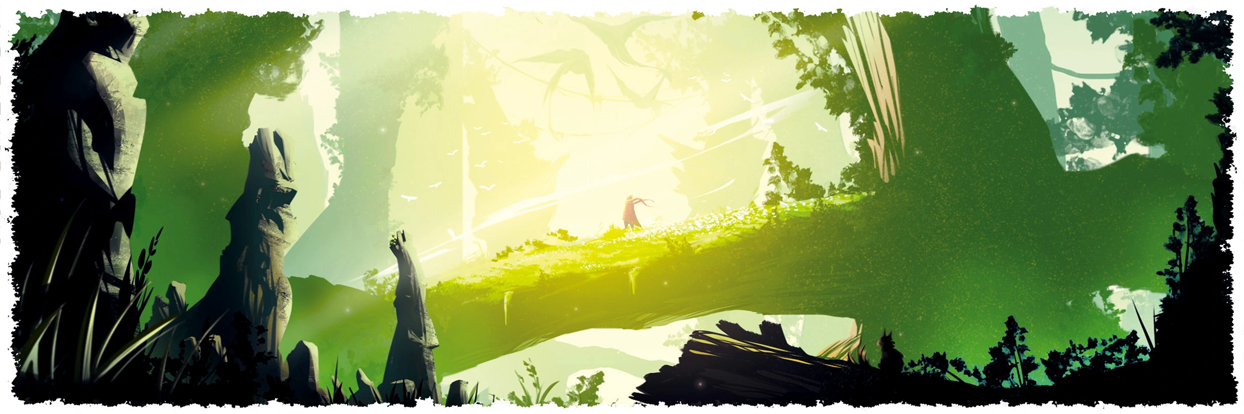 Image de couverte de la homepage du site, on y voit un jeune aventurier à cape rouge au milieu d'une forêt verte gigantesque avec des sortes de dragons volant au loin.
